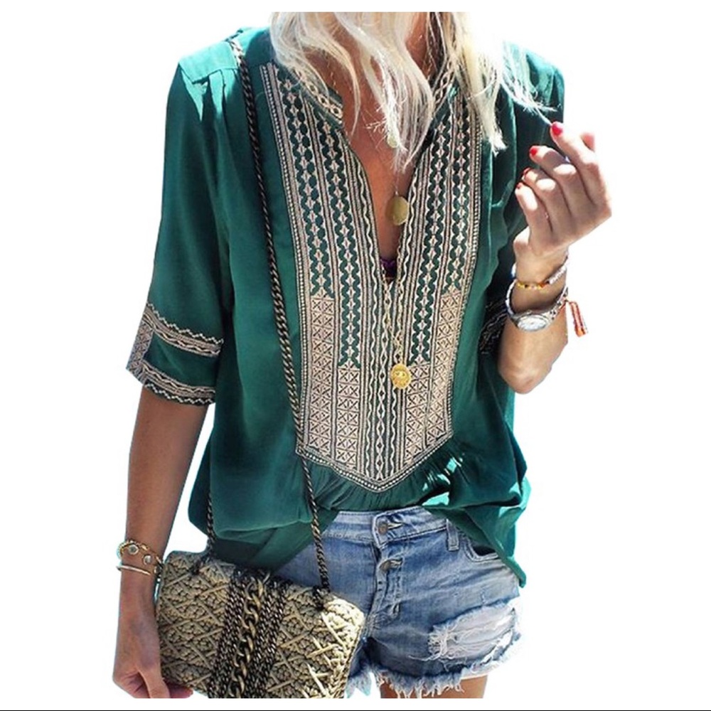 ANYWHERE WITH YOU TUNIC BLOUSE- EMERALD GREEN - Picture 3 of 4